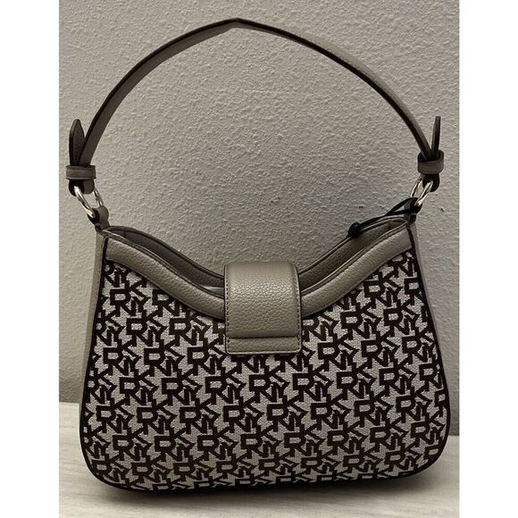 DKNY Bryce Demi Jacquard Monogram Logo Shoulder Bag Brown Beige Taupe - Picture 2 of 9